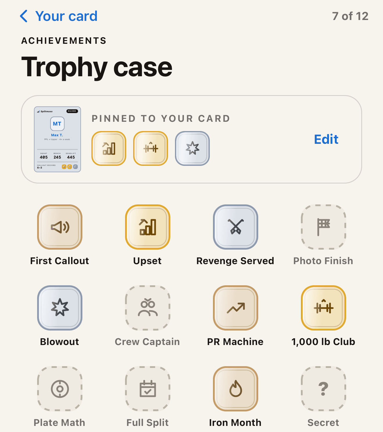 Trophy case in Splitmaxx: 7 of 12 achievements unlocked, with Upset, 1,000 lb Club and Blowout pinned to the card