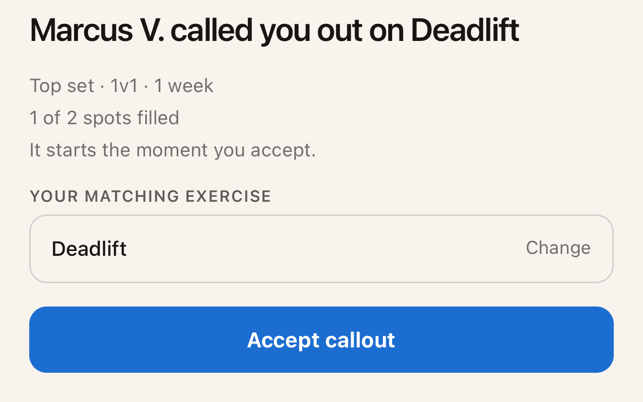 Callout invite in Splitmaxx: Marcus V. called you out on Deadlift, 1v1 for 1 week, with an Accept callout button